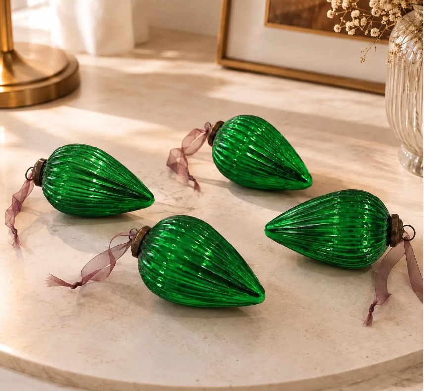 Vintage Teardrop Glass Christmas Ornaments Set of 4 Pcs , Kugel Style Baubles, Holiday Decor