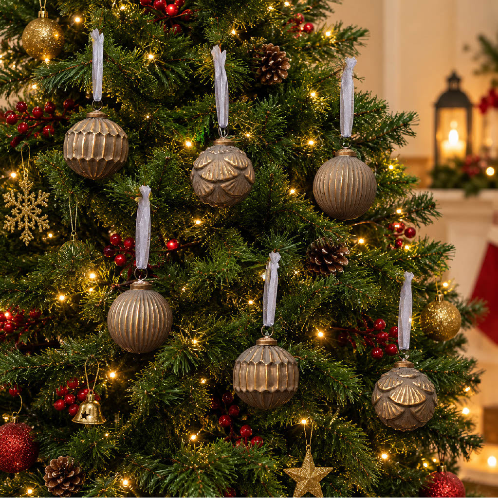 Textured Glass Christmas Tree Bauble - Set of 6 | Vintage Grey