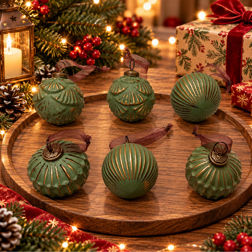 Textured Glass Christmas Tree Bauble - Set of 6 | Patina Green
