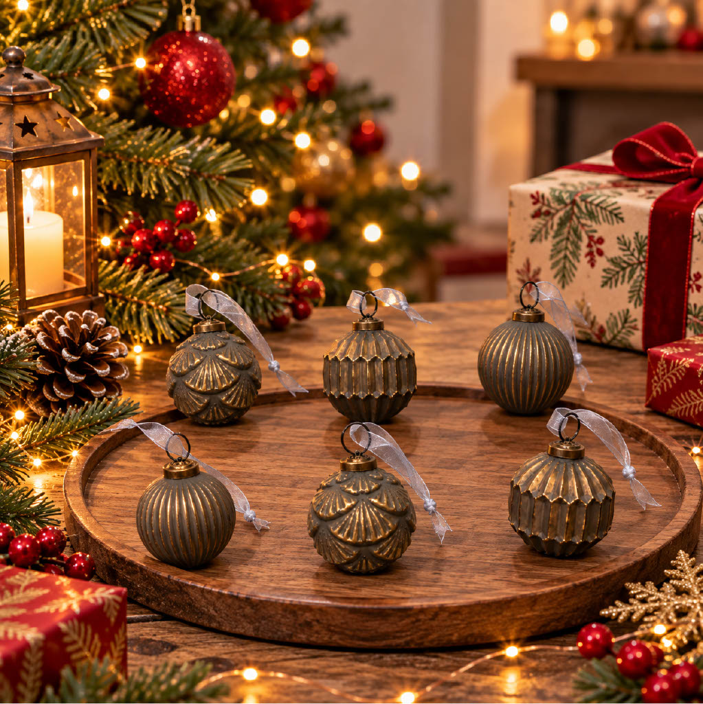 Textured Glass Christmas Tree Bauble - Set of 6 | Vintage Grey
